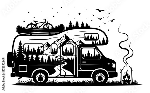 camper van with mountain landscape rv travel adventure vector illustration
