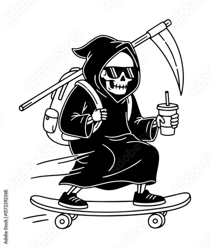grim reaper on skateboard funny cartoon character vector illustration