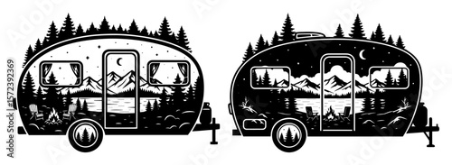 vintage camper trailer with mountain landscape camping vector illustration