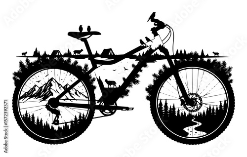 mountain bike with nature landscape in wheels double exposure vector art