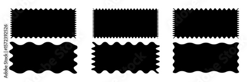 Set or rectangular shapes with squiggly borders. Tags, labels, stamps, crackers, coupons rectangle boxes with curvy, wiggly, wavy edges isolated on white background. Vector flat illustration.