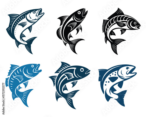 Tuna and Marlin Jumping Fish Vector Set Black and White On White Background