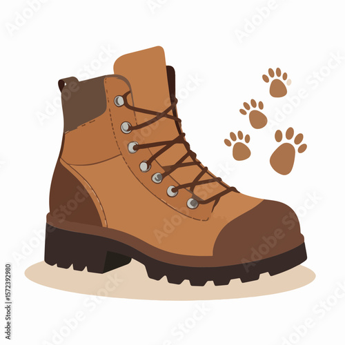 Vector illustration depicting a stylish brown hiking boot beside animal paw prints, symbolizing adventure, outdoors, and companionship in a minimalist design.
