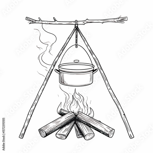 A rustic hand-drawn illustration showcases a campfire with a cooking pot suspended above the flames, evoking a sense of outdoor adventure, cooking, and wilderness.