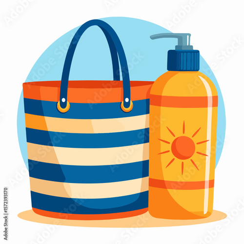 A vector illustration showcasing a beach bag with blue and beige stripes next to a bottle of sunscreen with a sun graphic, set against a light blue background.