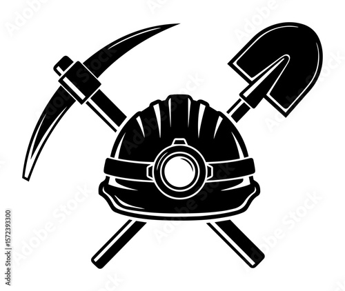 mining logo with helmet pickaxe and shovel miner tools vector emblem