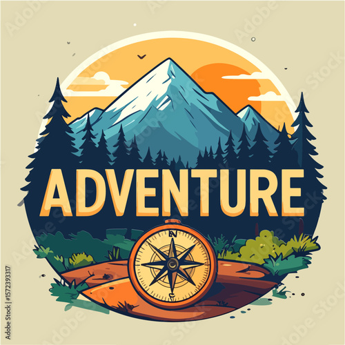 An illustration showcases a scenic mountain view framed by trees, overlaid with the word "ADVENTURE" and a compass, evoking a sense of outdoor exploration and travel inspiration.