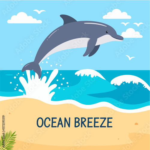 Cheerful vector illustration of a dolphin jumping out of the sea near a sunny beach, complete with waves, blue skies, seagulls, and tropical foliage for a breezy summer vibe.