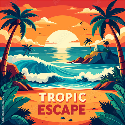 Vivid vector illustration depicting a tropical beach scene at sunset with palm trees, waves, and rocks, evoking feelings of vacation, relaxation, and escape.
