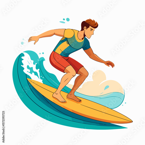 Illustrated man surfing on a yellow surfboard, riding a turquoise wave, against a white background, capturing the spirit of summer and outdoor water sports.