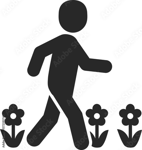 Walking in park solid icon used in outdoor relaxation, mindfulness, and lifestyle wellness designs.