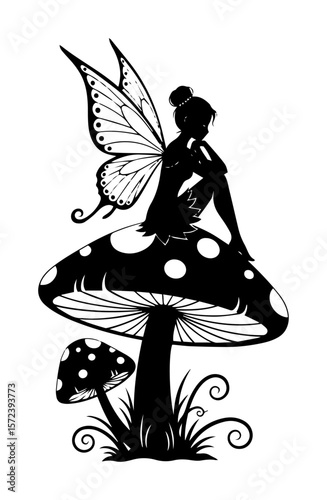 beautiful fairy sitting on mushroom silhouette vector