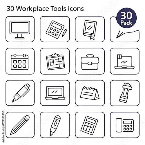 A collection of thirty workplace tools icons featuring common office supplies and equipment in outline style