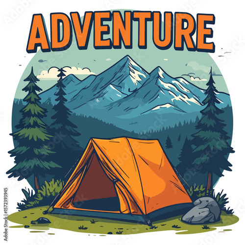 A stylized illustration of a vibrant orange tent pitched in a scenic mountain landscape, evokes the spirit of outdoor adventure and camping under the vast sky.