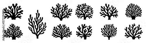 coral reef silhouette underwater sea plant set