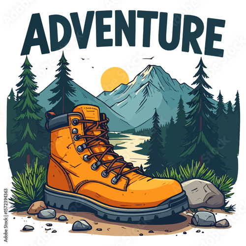 Illustration of an orange hiking boot in front of a mountain scene with evergreen trees and the word "adventure" across the top, evoking a sense of outdoor exploration.