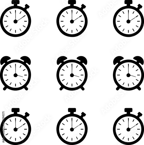 Set of various vector clock illustrations showing different styles and times