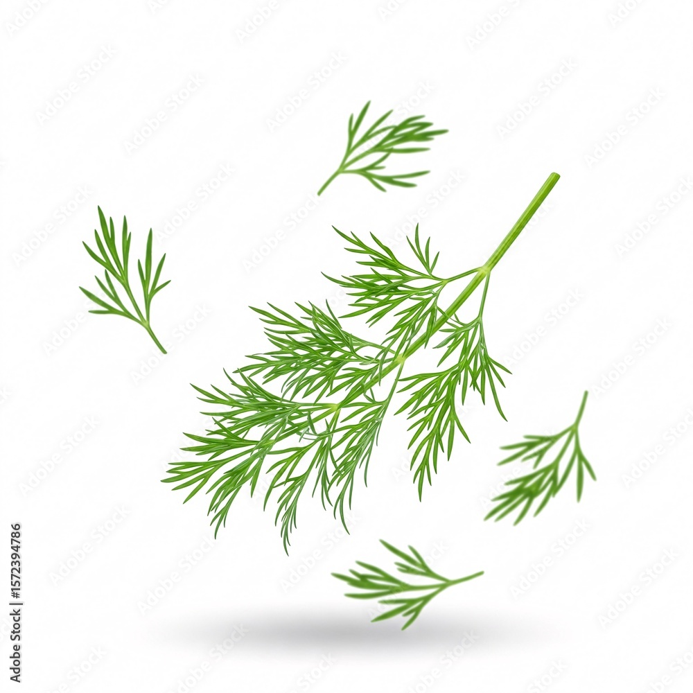 Fototapeta premium A fresh green dill leaf, falling, creating a dynamic and natural image,