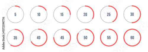 Vector circle countdown timer display set. 5 minute to 1 hours stopwatches. Timers in flat style isolated on white background. Orange and gray color round display. UI countdown timer.