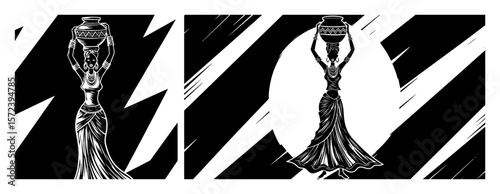 african woman carrying pot on head silhouette vector logo