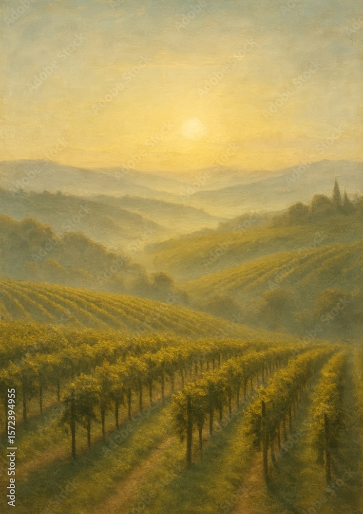 Obraz premium Serene vineyard landscape at sunrise.