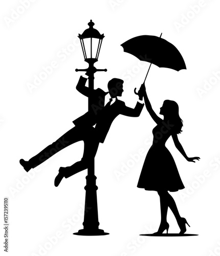 romantic couple under umbrella dancing on lamppost silhouette vector