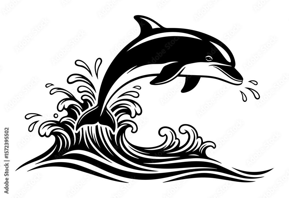 Naklejka premium jumping dolphin out of ocean waves black vector logo