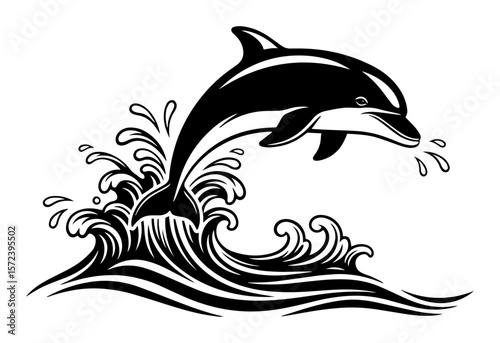 jumping dolphin out of ocean waves black vector logo