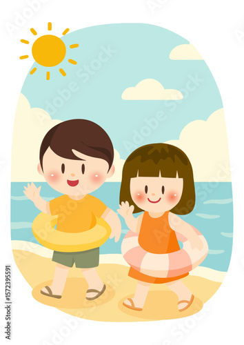 波打ち際を歩く兄妹の夏休み、Siblings Walking on the Beach with Swim Rings