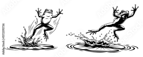 jumping frog with water splash vector illustration set