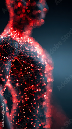 Glowing red network forms a human figure against a dark background, depicting connectivity and futuristic technology.