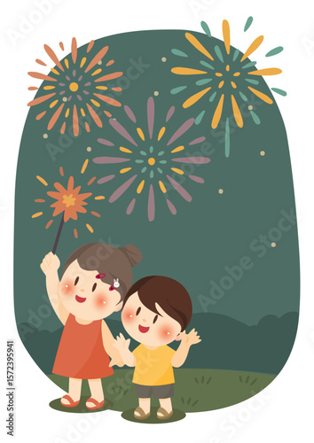 夏の夜を楽しむ子どもたち、Summer Fireworks Fun for Kids