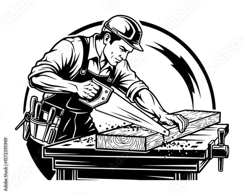 carpenter sawing wood vector logo illustration