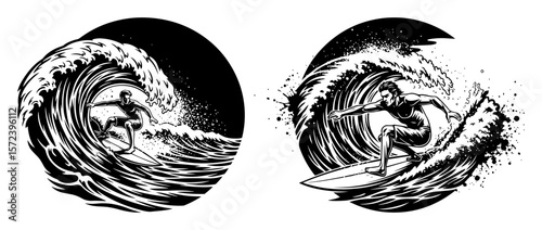 surfer on big ocean wave vector logo emblem set