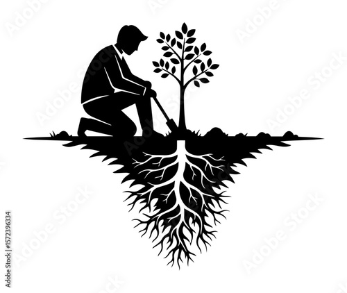 man planting tree with roots silhouette logo