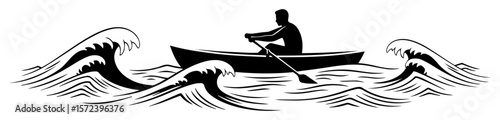 man rowing boat on rough sea silhouette vector illustration