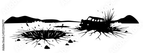 car destroyed by landmine explosion vector illustration