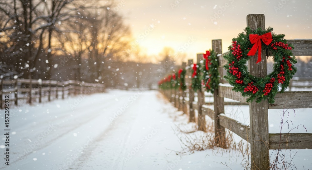 Obraz premium Winter scenery with festive Christmas wreaths on wooden fence along a snowy pathway at sunset, creating a peaceful holiday atmosphere