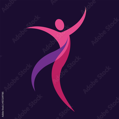 Abstract human figure in motion with flowing ribbons of pink and purple