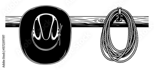 cowboy hat and lasso on fence western vector