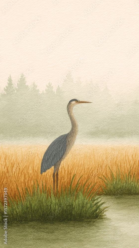 Fototapeta premium Explore the Tranquil Beauty of a Heron Standing Gracefully Amidst a Serene Wetland Habitat at Dawn