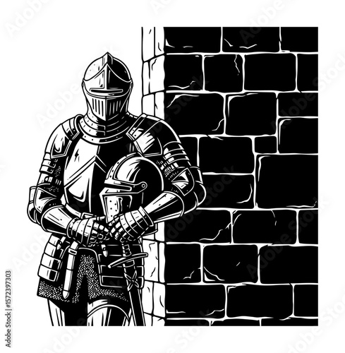 medieval knight in full armor with sword vector illustration