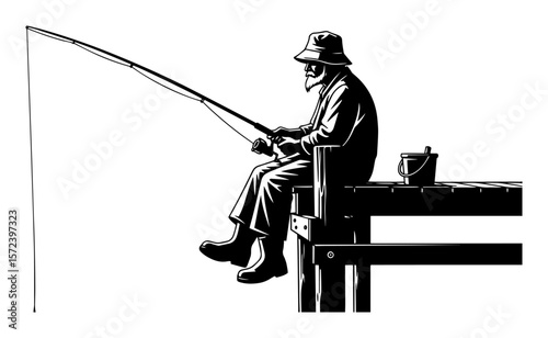 old man fishing from a wooden pier vector silhouette