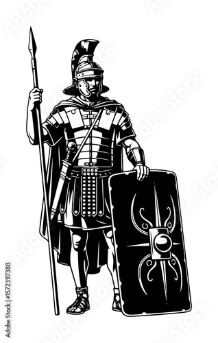 roman legionary soldier with spear and shield vector illustration