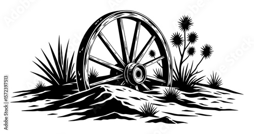 old western wagon wheel in desert vector