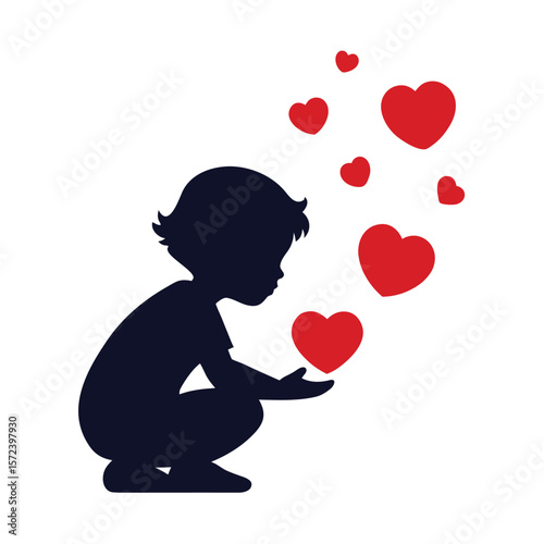 Silhouette of a child releasing red hearts into the air