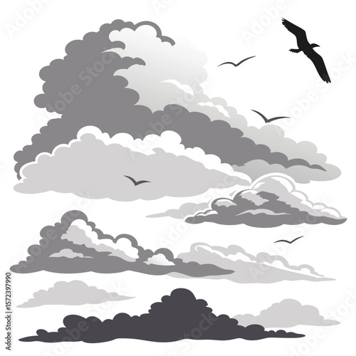 Collection of Clouds and Birds Monochrome Sky Illustrations
