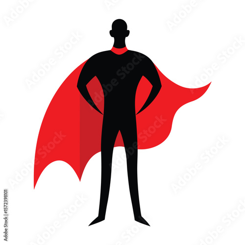 Silhouette of a superhero in a red cape with hands on hips