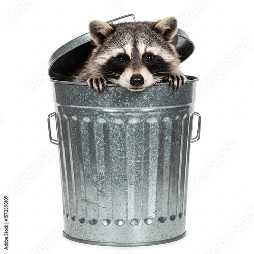 A cute raccoon peeks out from a galvanized trash can, creating a funny moment,