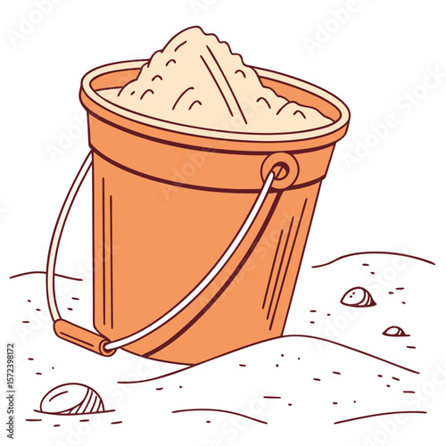 Orange sand bucket filled with sand and pebbles beach